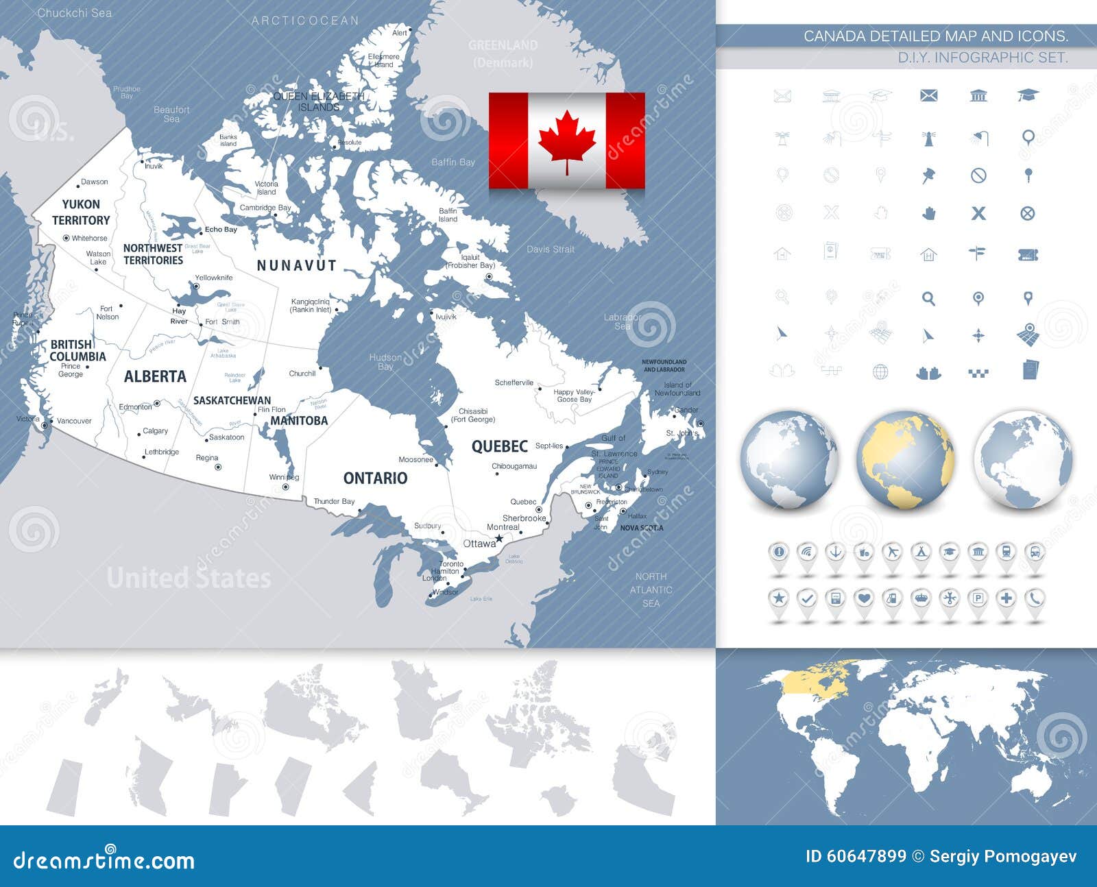Canada Detailed Map And Icons.Grey And Blue Stock Vector ...