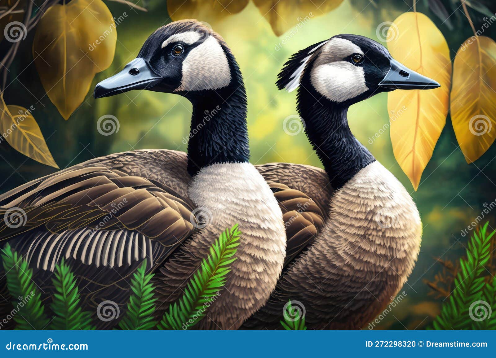 Design of Two Colorful Canada Goose Bird in the Jungle. Stock