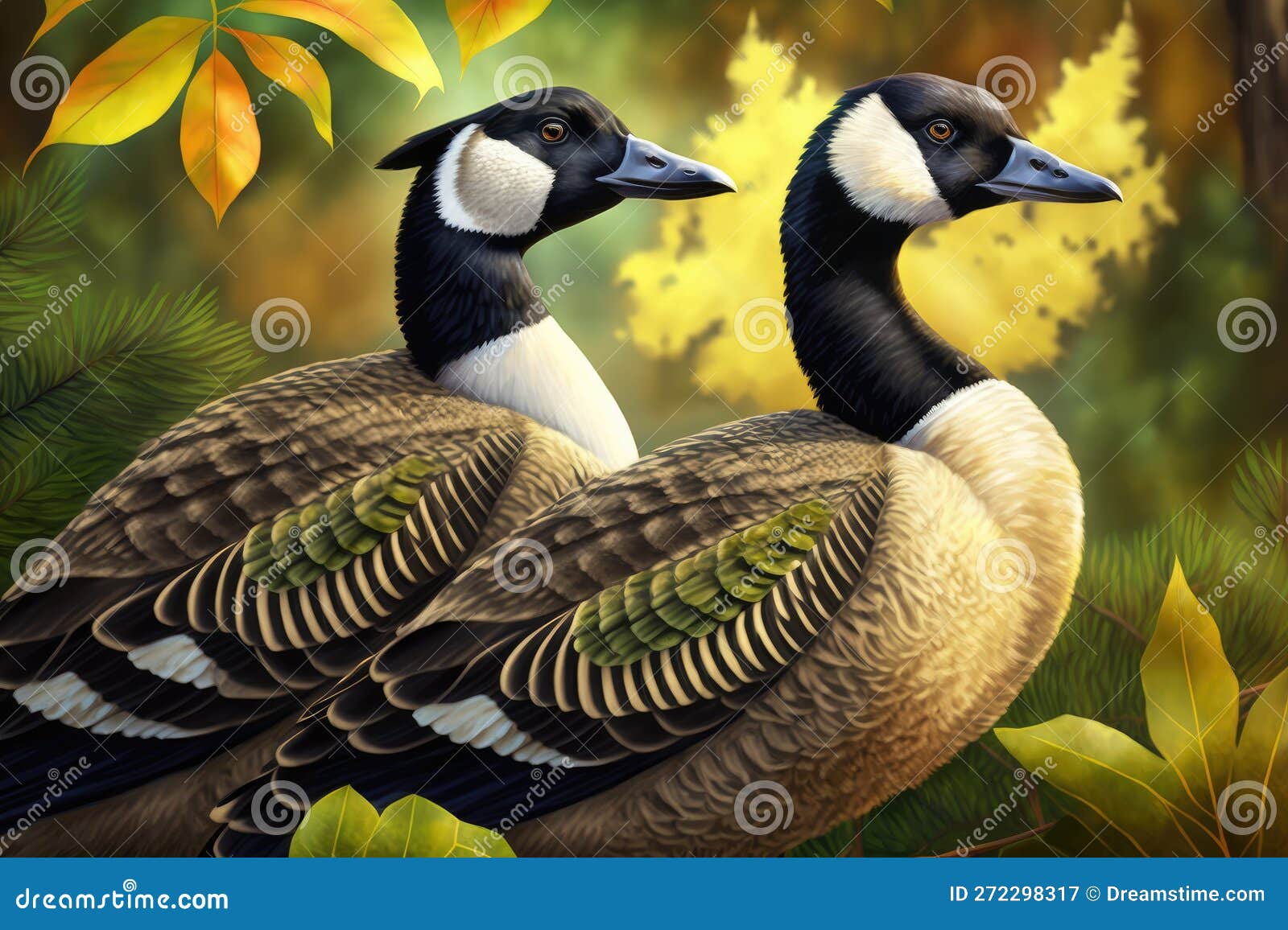 Design of Two Colorful Canada Goose Bird in the Jungle. Stock