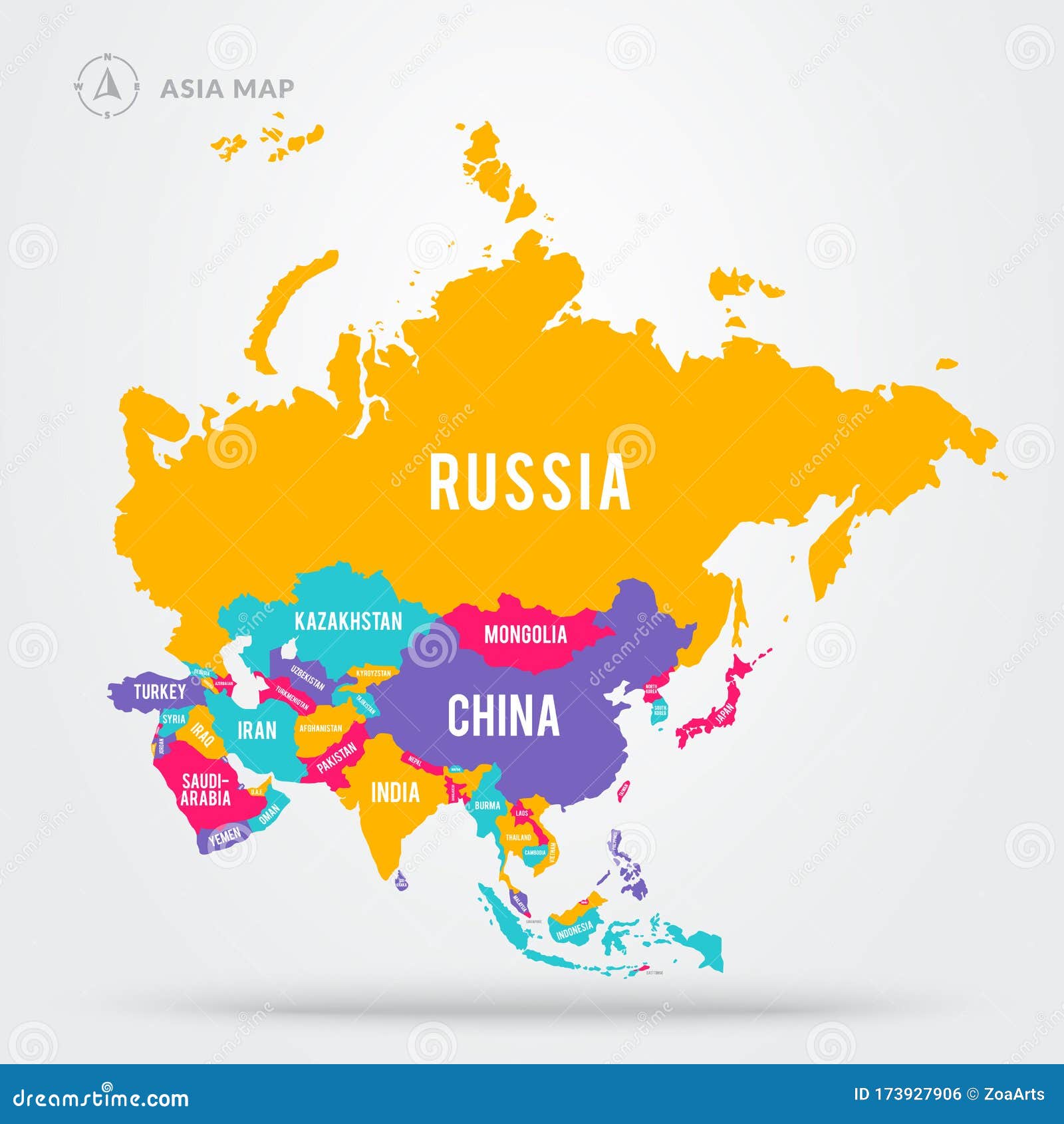   colorful map focus on asian countries. asia states with name labels.