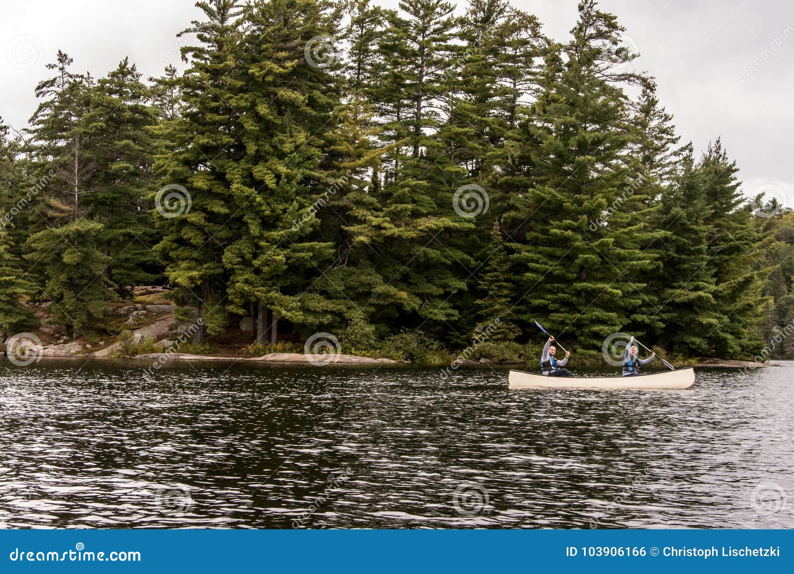 Canada Ontario Lake Of Two Rivers Couple On A Canoe Canoes 