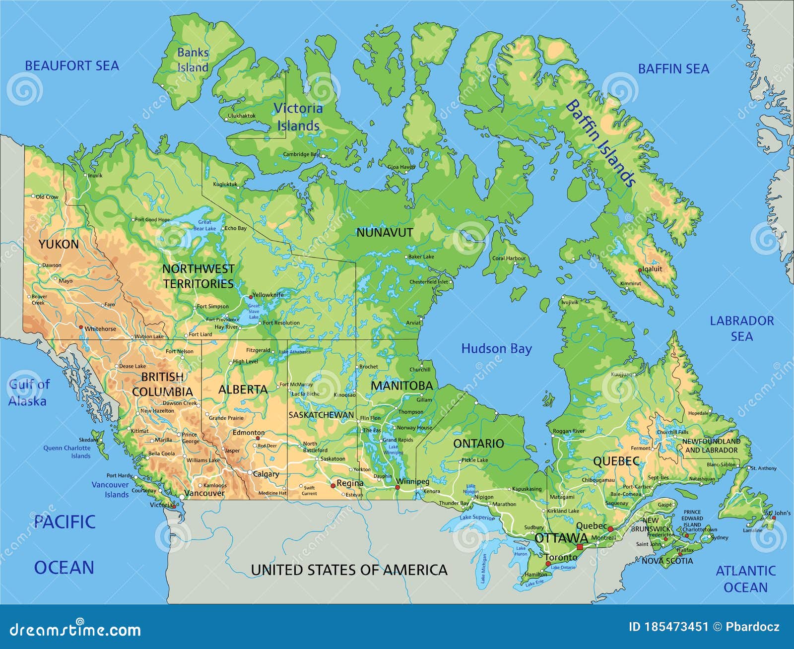 High Detailed Canada Physical Map with Labeling. Stock Vector
