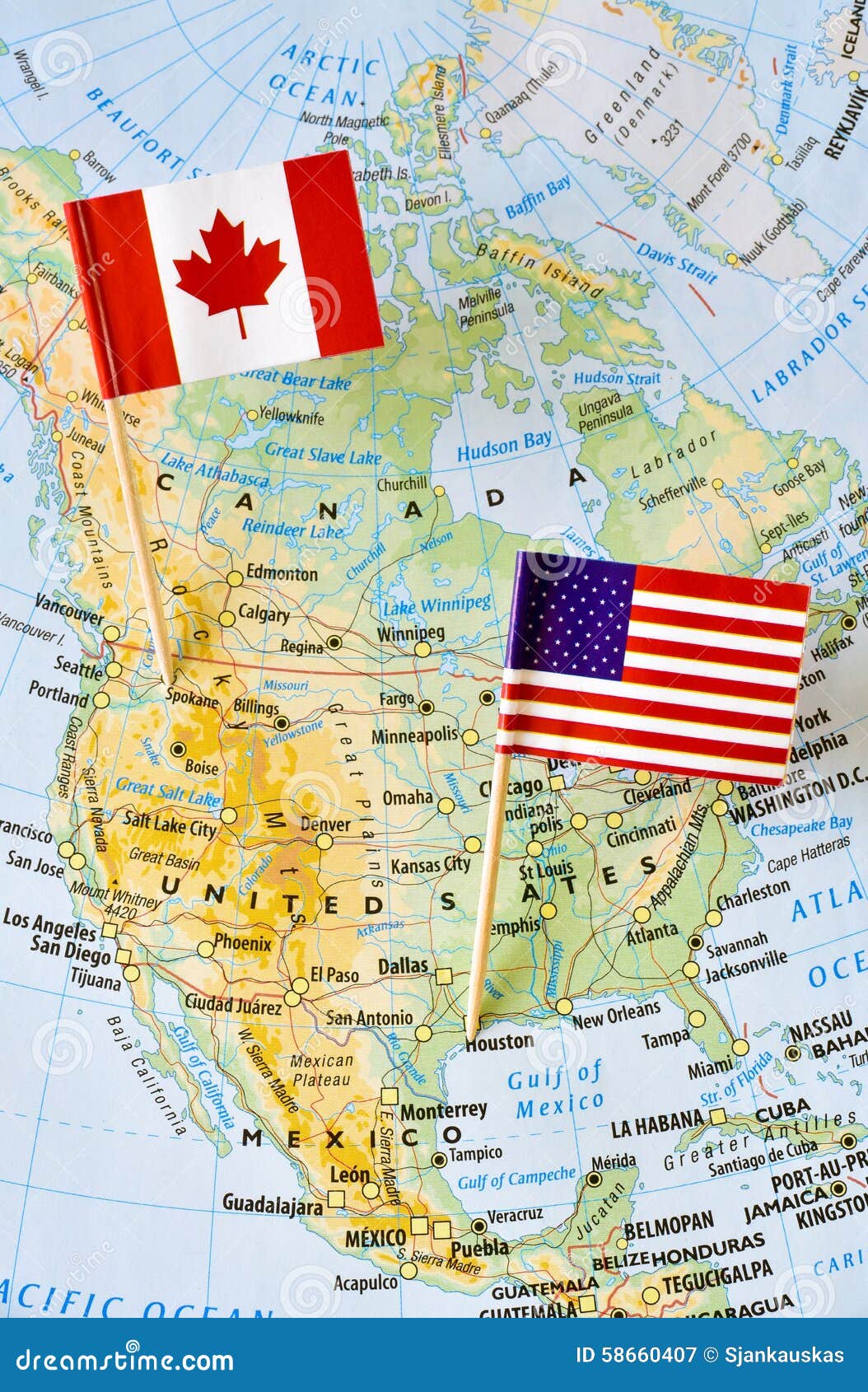 Canada And Usa Flag Pin On Map Stock Image Image Of Grid