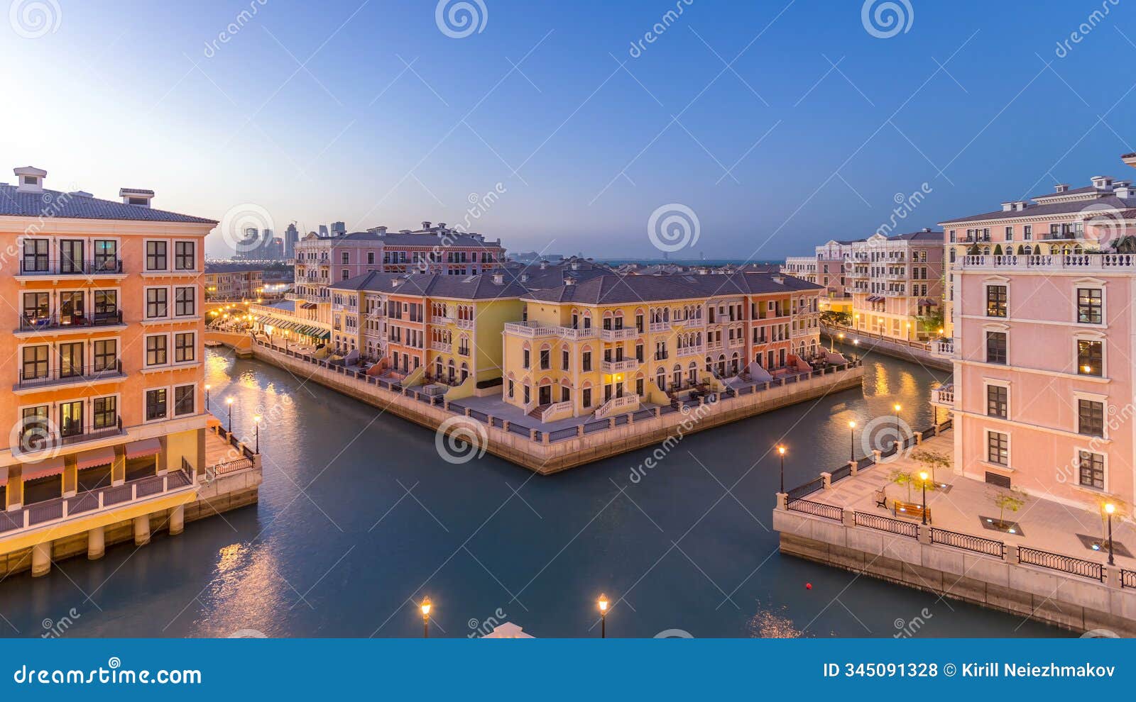 canal aerial top view in venice-like qanat quartier of the pearl precinct of doha day to night timelapse, qatar.