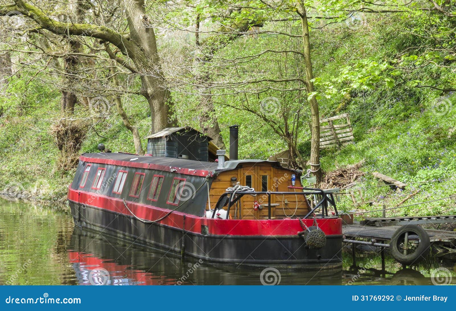 canal house boat on waterway in yorkshire