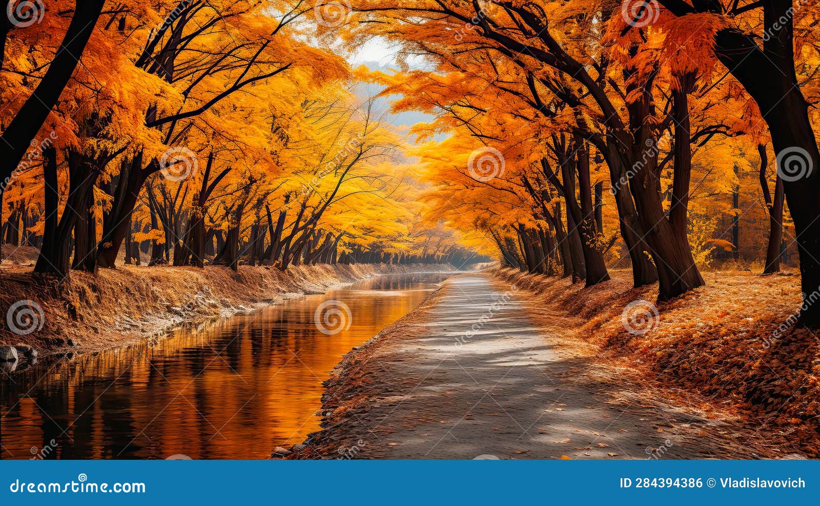 canal landscape with autumn maples, japanese relaxation practice of shinrin yoku. ai generated