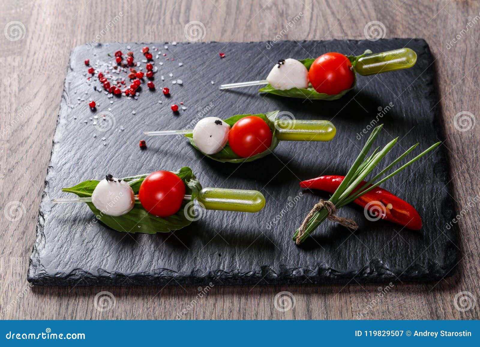 Canape caprese with oil stock image. Image of lunch - 119829507