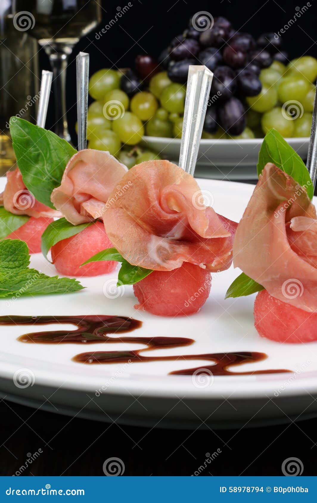 Canape of Watermelon Balls with Gammon Stock Photo Image of luncheon, melon 58978794