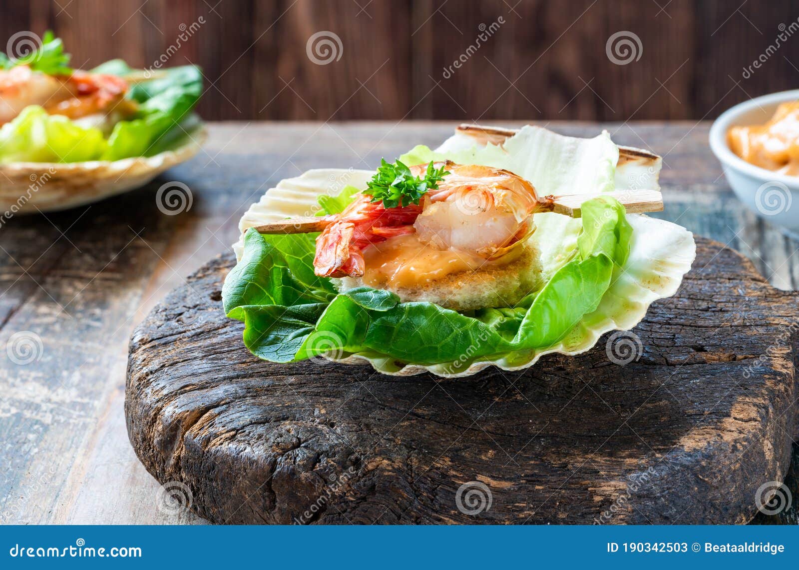 Canapes with Grilled Black Tiger Prawns and Seafood Sauce Stock Image ...