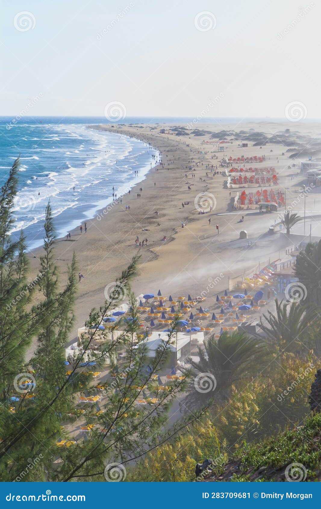 canary islands . view of playa del ingles beach in maspalomas located in gran canaria with sand gales and chairs
