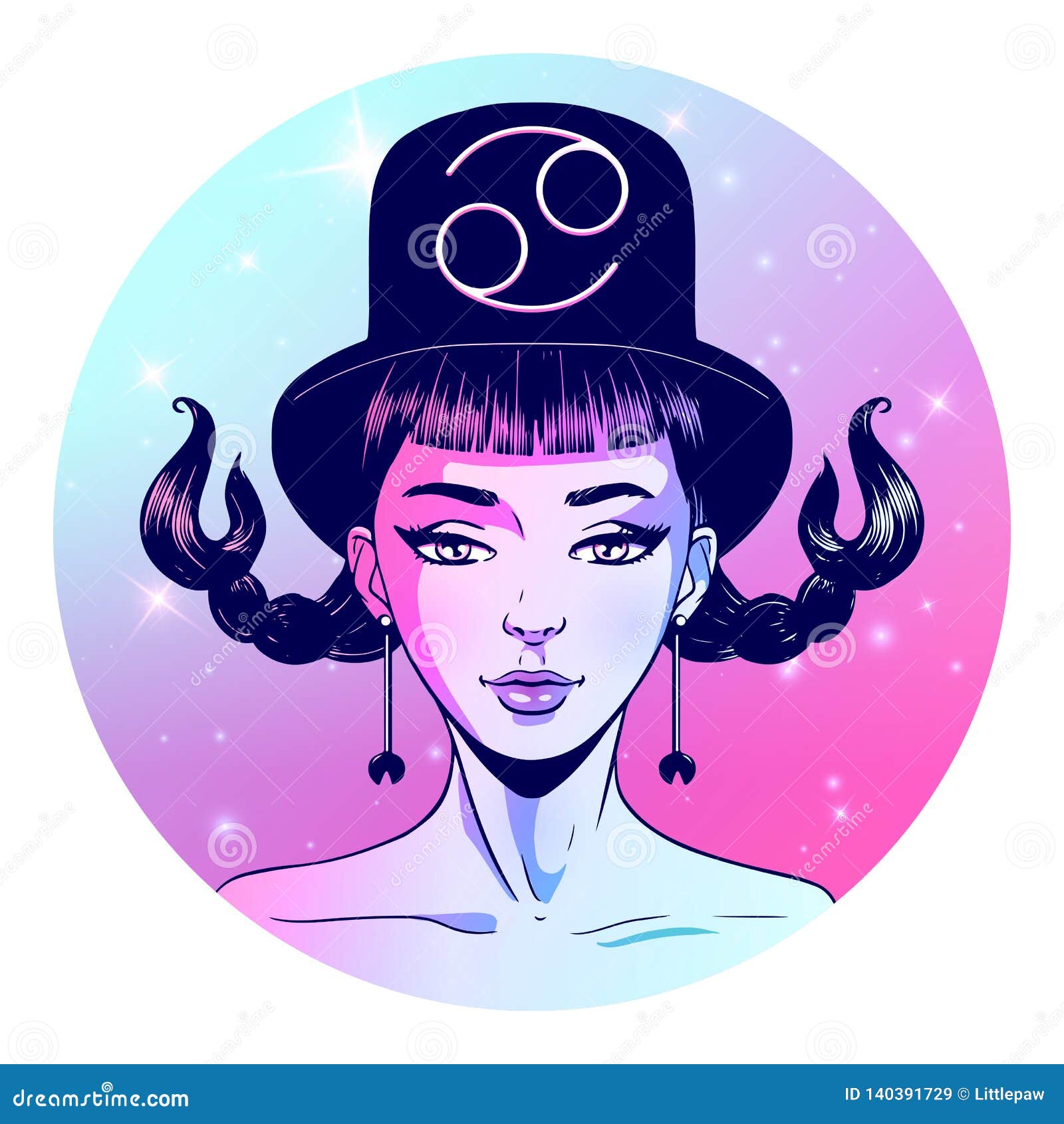 Cancer Zodiac Sign Artwork Beautiful Girl Face Horoscope Symbol Star