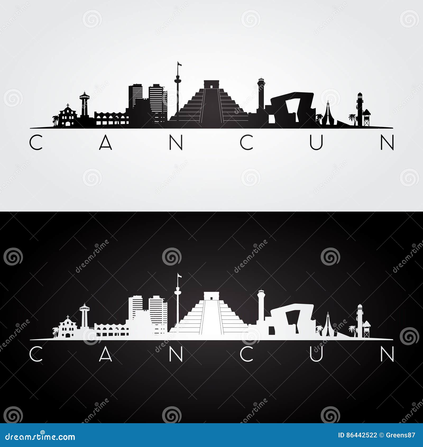 cancun skyline and landmarks silhouette.
