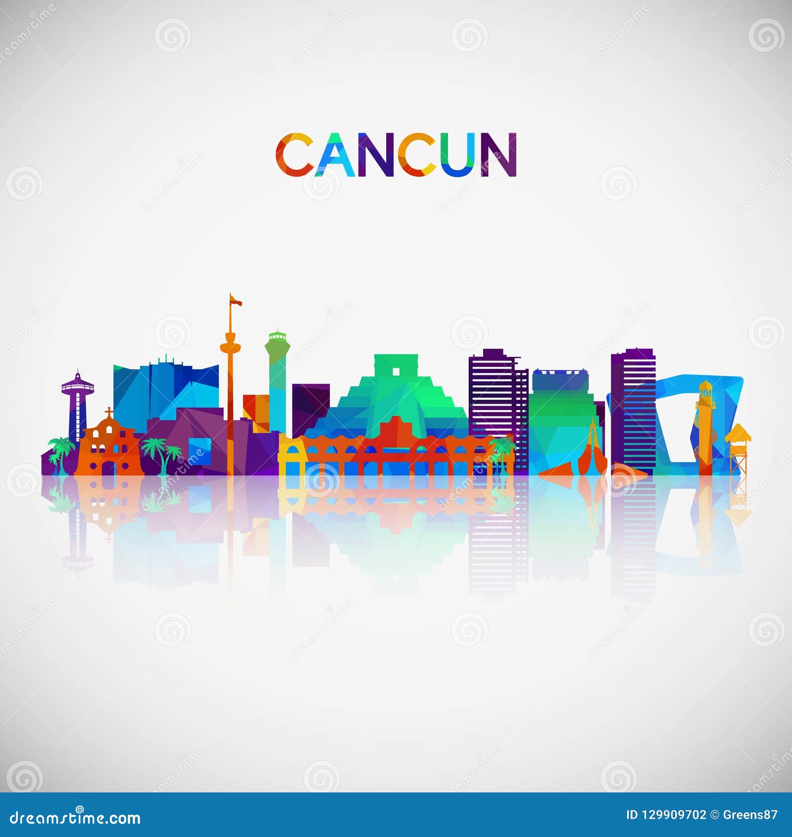 cancun skyline silhouette in colorful geometric style.