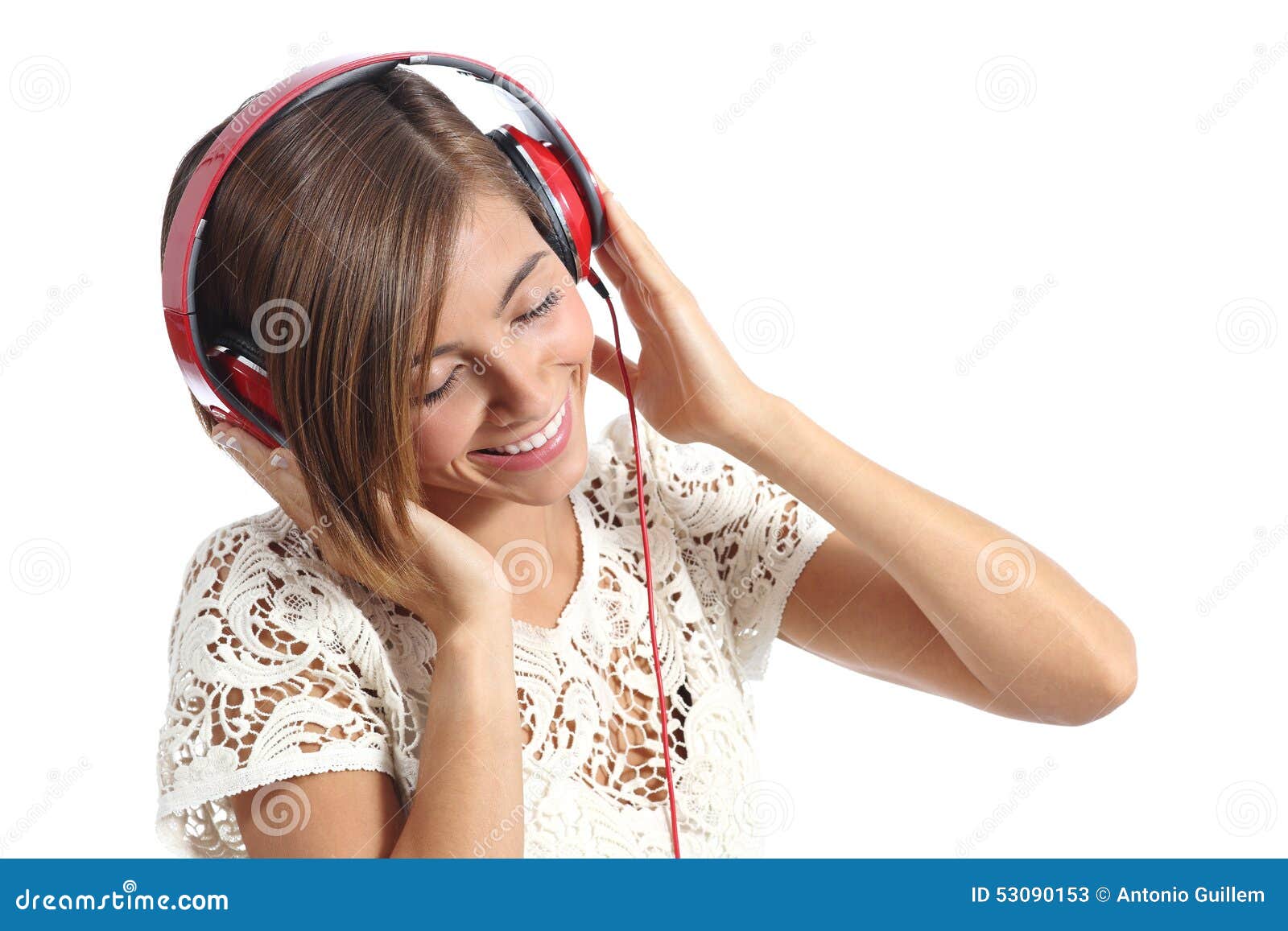 Candid Happy Woman Feeling The Music From Red Headphones