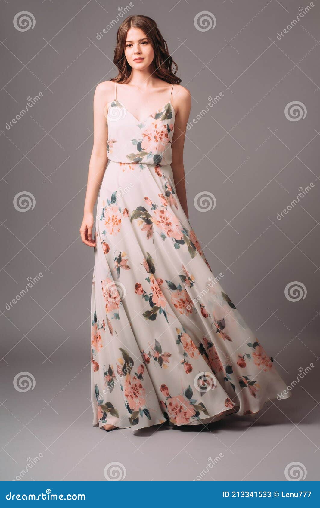 Brunette Young Woman in Summer Gown ...