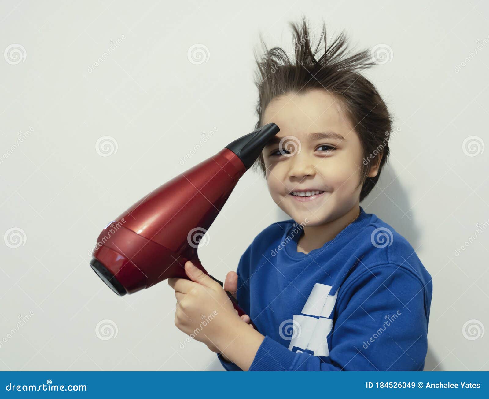 Candid Shot, Cute Kid Drying His Hair with Hair Dryer, Cheerful 6 Years Old  Boy Try To Making His Hair Like a Crazy Expression, Stock Image - Image of  cute, attractive: 184526049