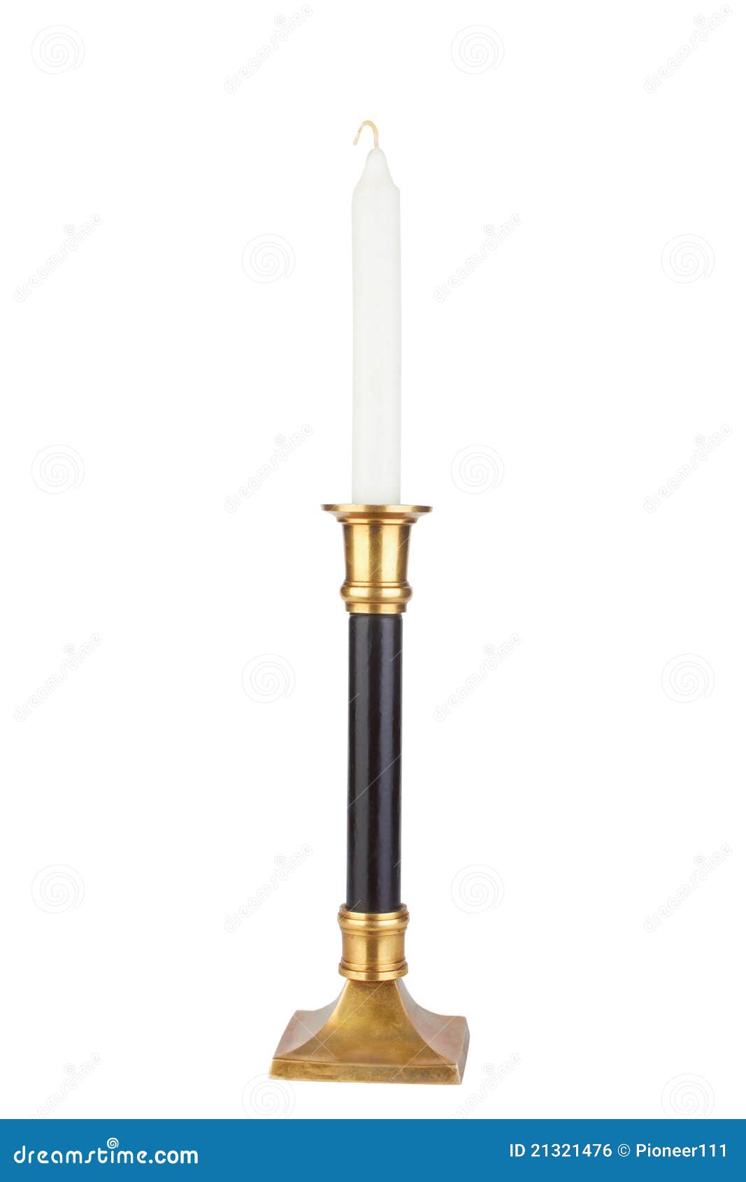 Candle in brass candlestick isolated on white background