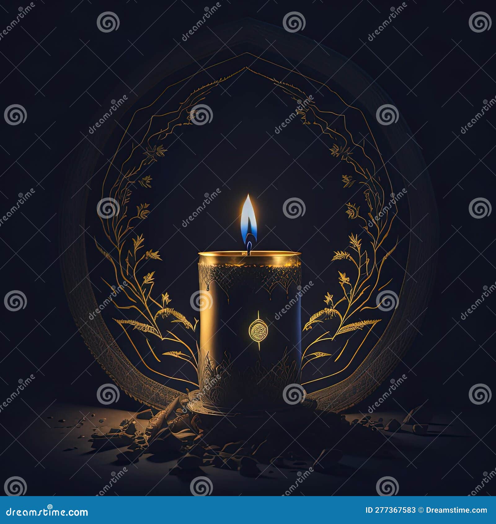 A Candle with a Blue Flame is Lit before a Circle of Flowers. Stock