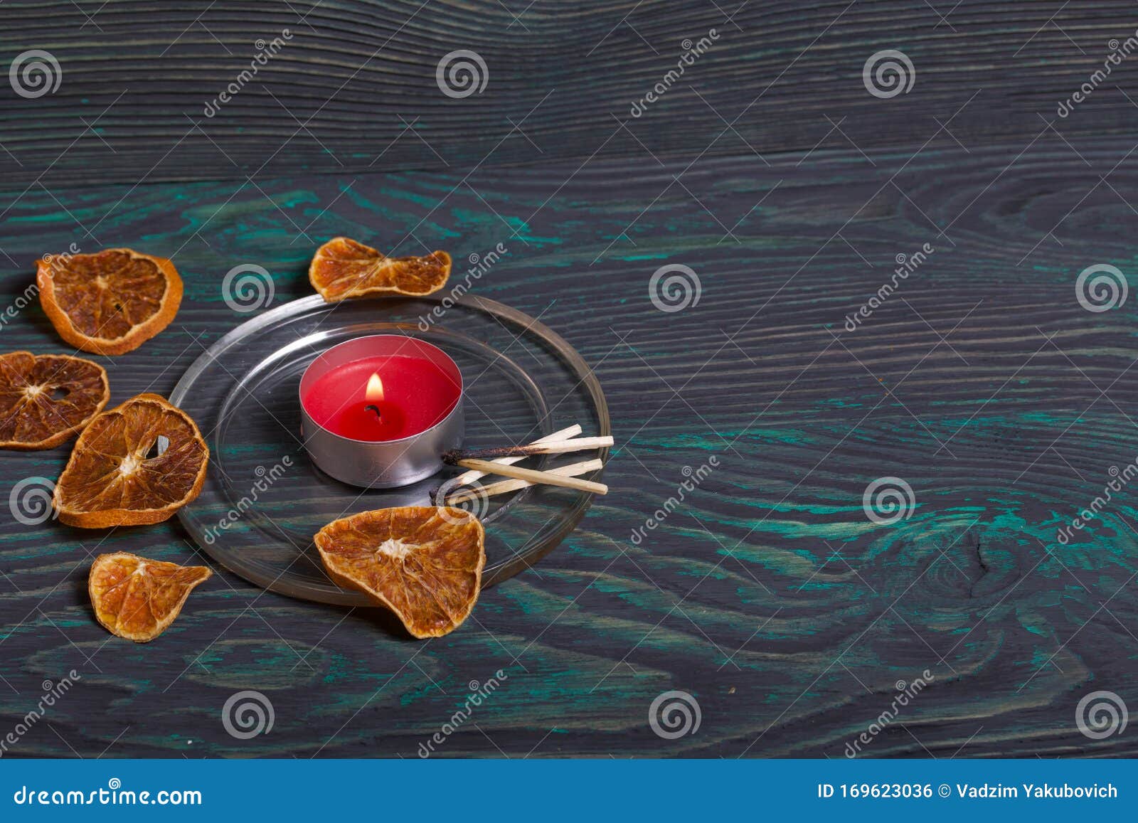 Candle on Brushed Boards. Around Dried Oranges Stock Photo Image of