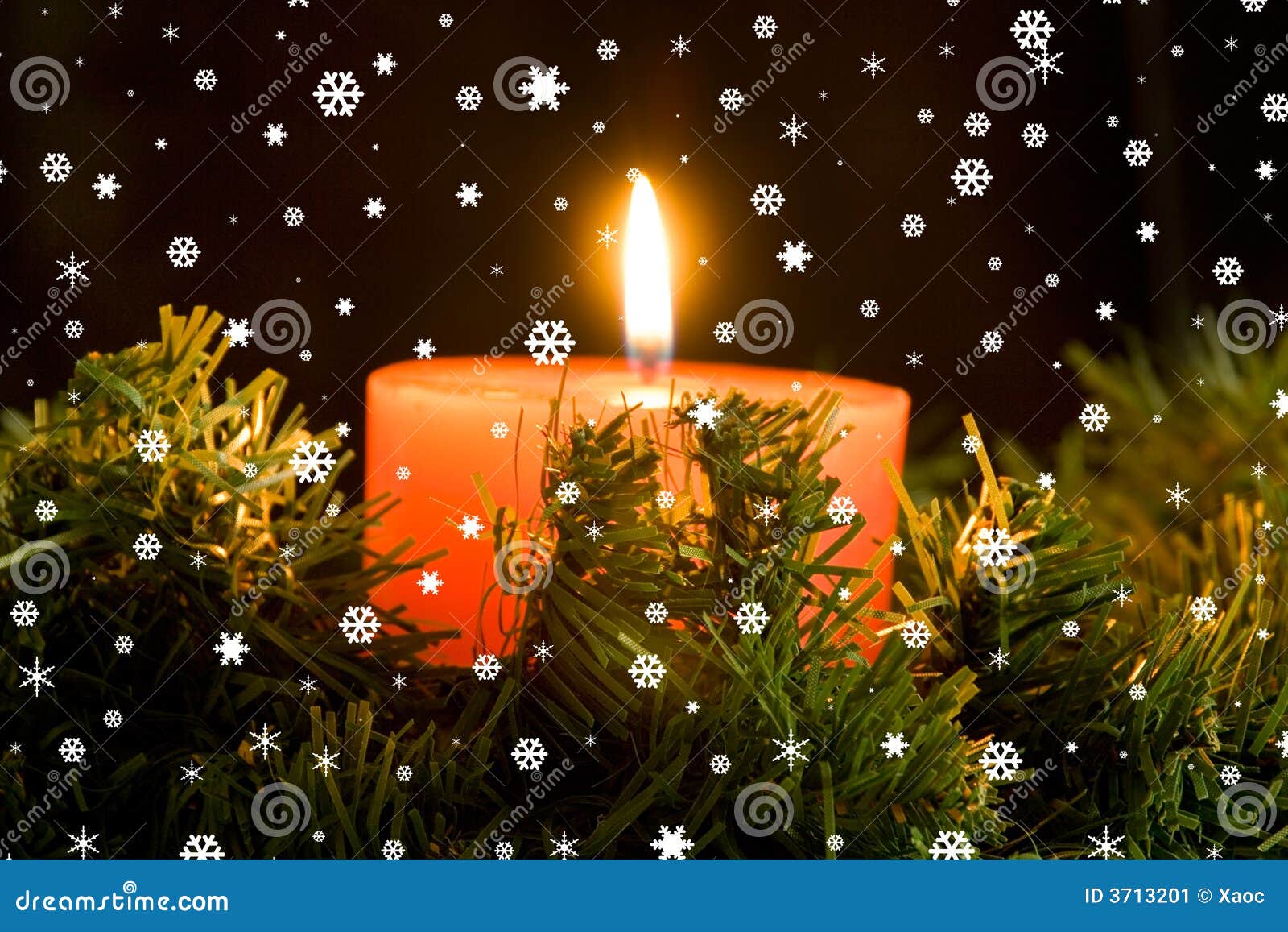 Candle Burning In The Dark With Double Fire And Bokeh Lights Stock