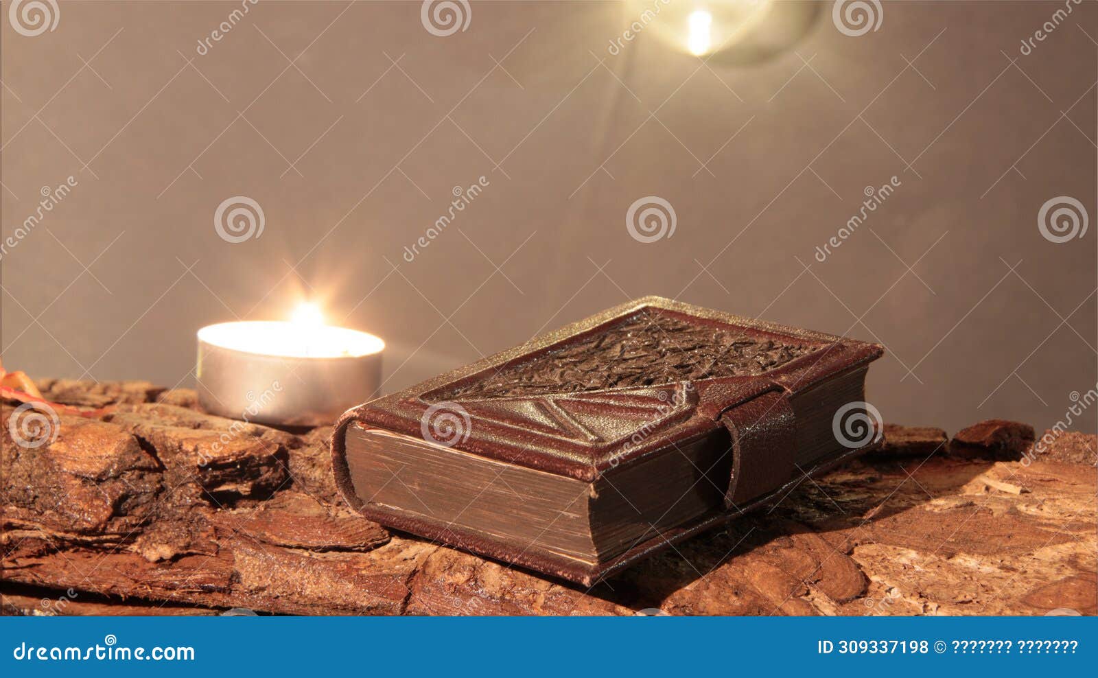 candle burns on tree bark on candle burning day with bookplate in leather binding