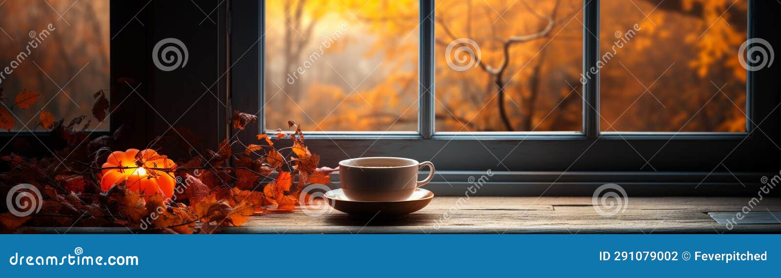 cup of cappucino resting on window sill with a fall mountain country veiw banner - generative ai