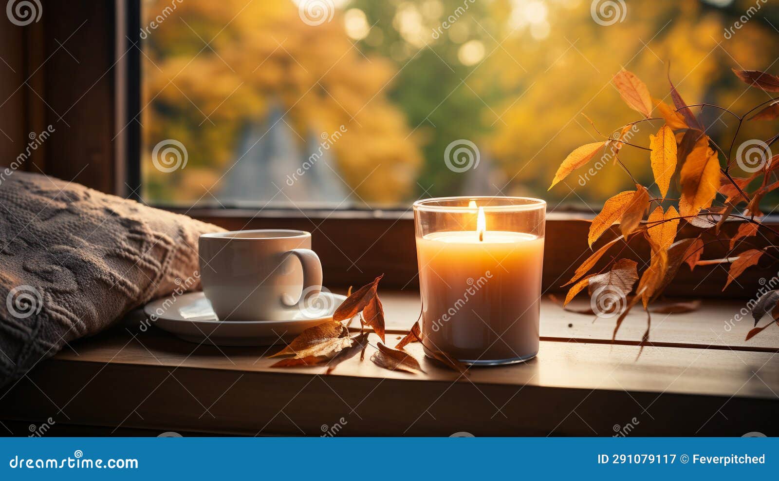 candle and mug resting on window sill with a fall mountain country veiw - generative ai