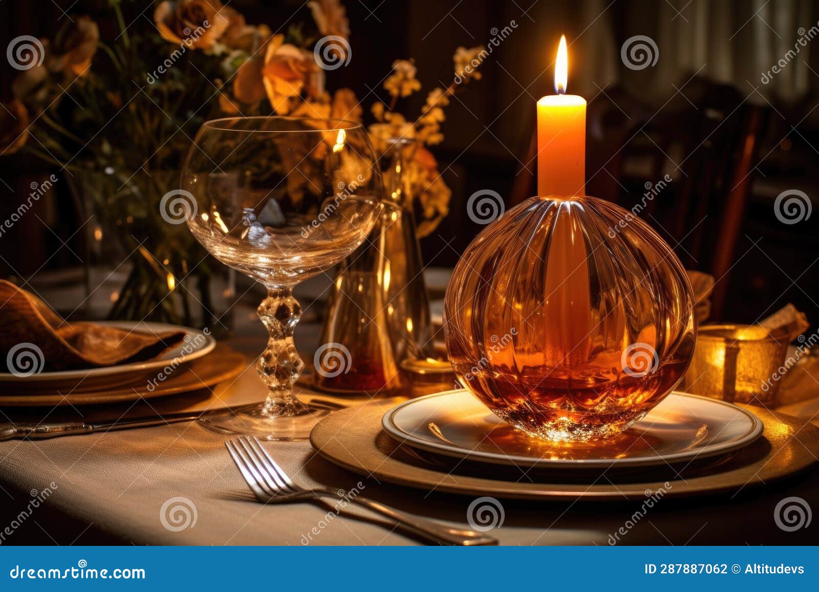 Candle Flame Casting a Warm Glow on a Dinner Table Stock Photo Image