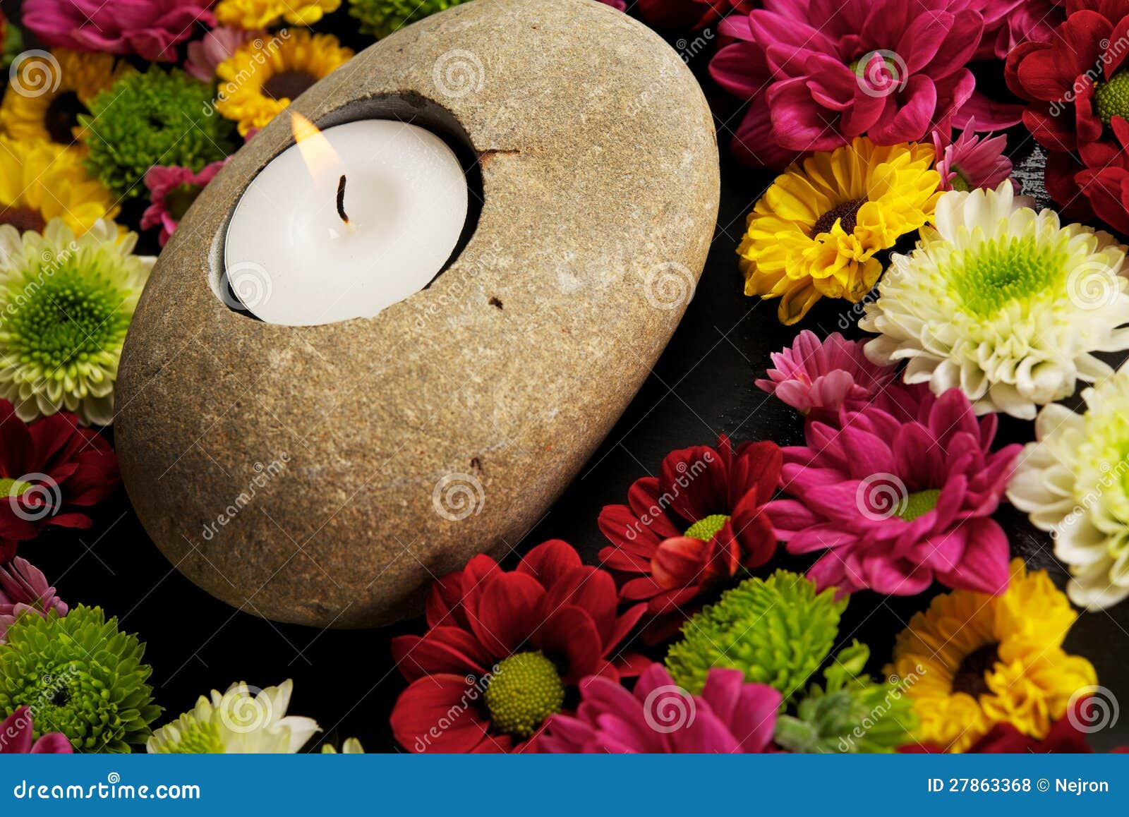 Candle and Flowers on Black Background Stock Photo - Image of aromatic