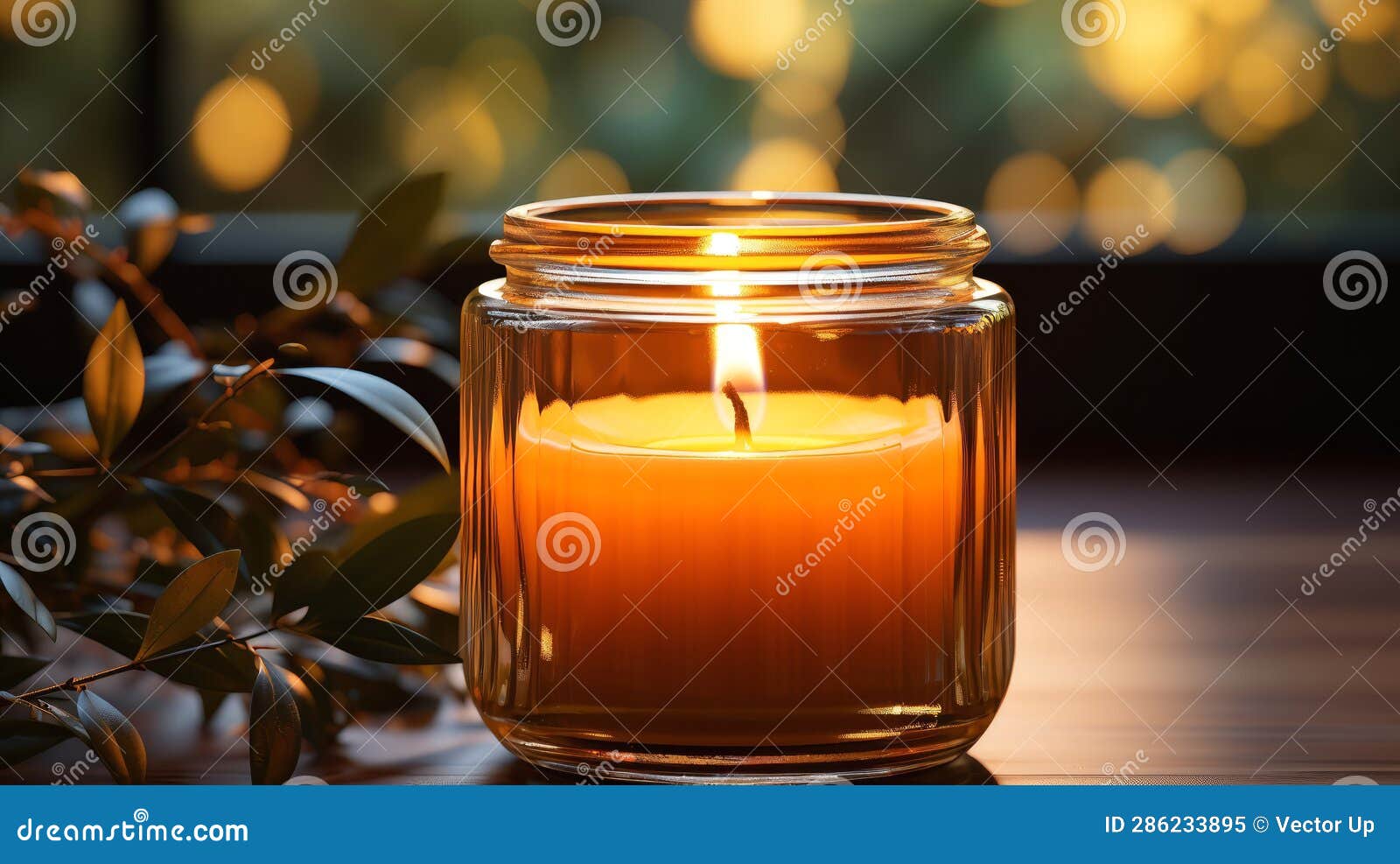Candle Glass Jar with Burning Candle. Home Decor. Generative AI. Stock