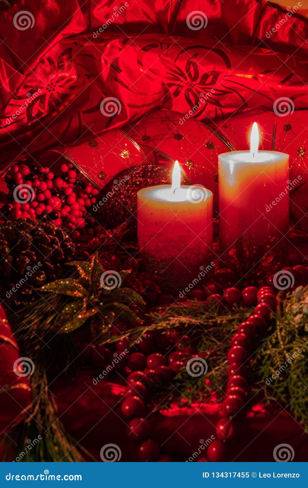 Candle Light Christmas Decoration With Red Background. Stock Image
