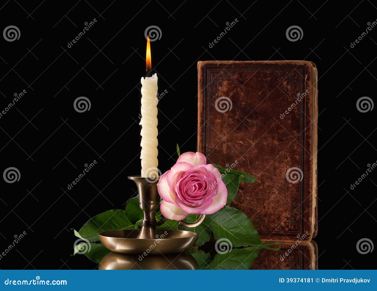 Candle Light with Flower on Black Background Stock Image - Image of