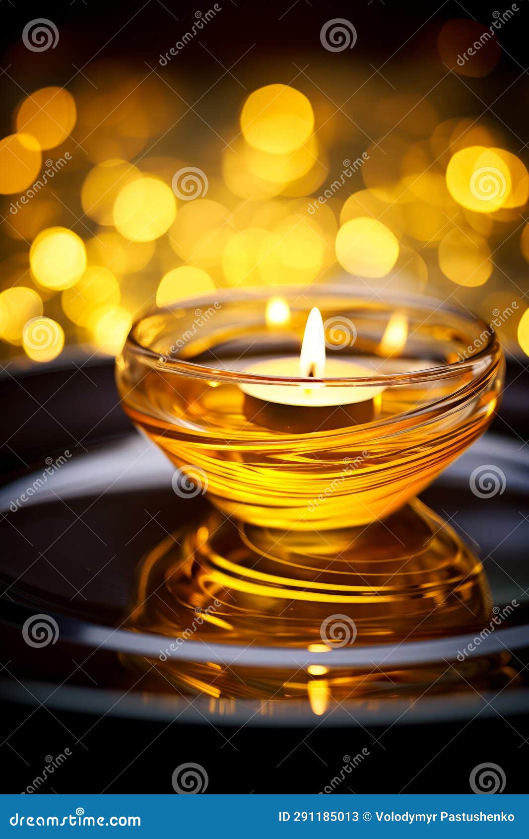 Candle is Lit in Bowl on Plate with Reflection. Generative AI Stock