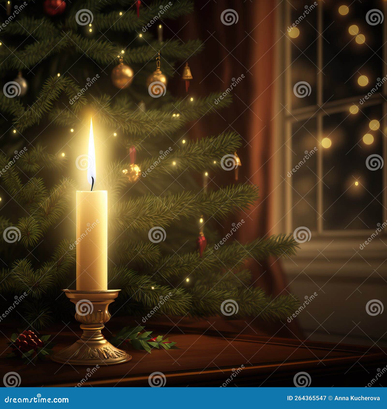A Candle Lit on a Table in Front of Decorated Christmas Tree in Stock