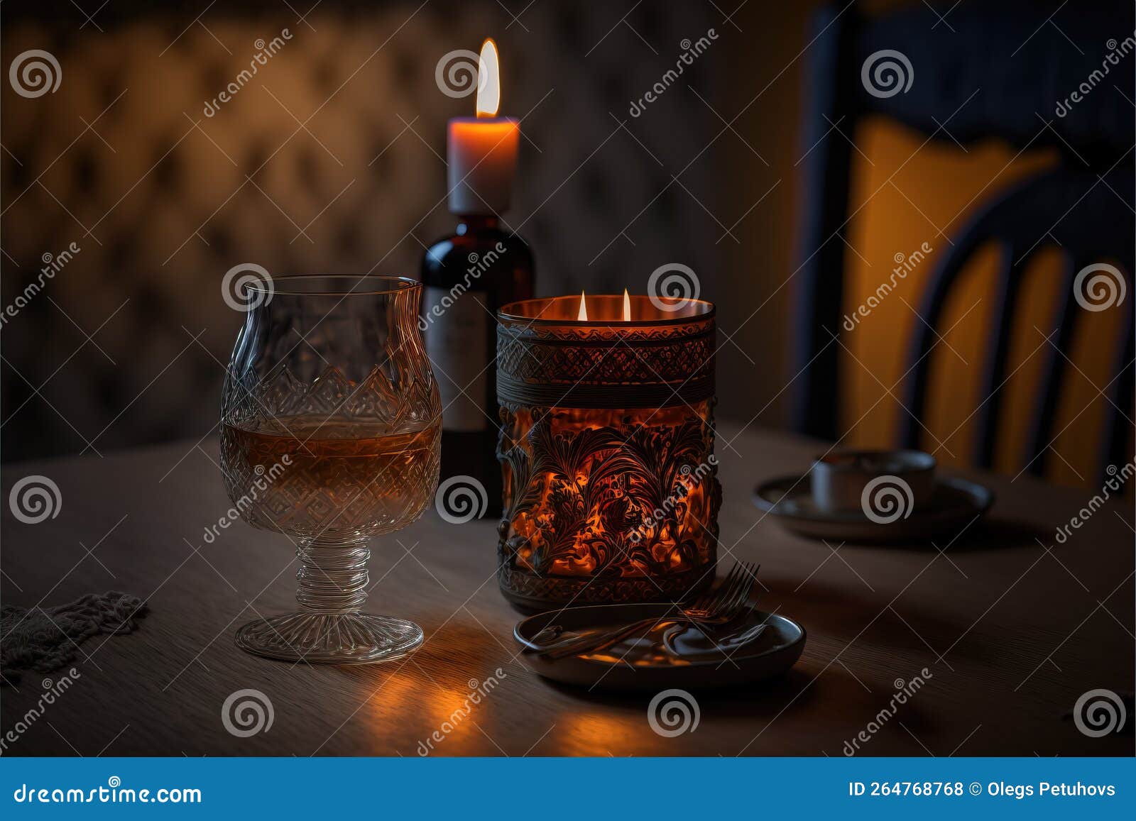 A Candle is Lit on a Table with a Glass of Wine and a Bottle of Wine on