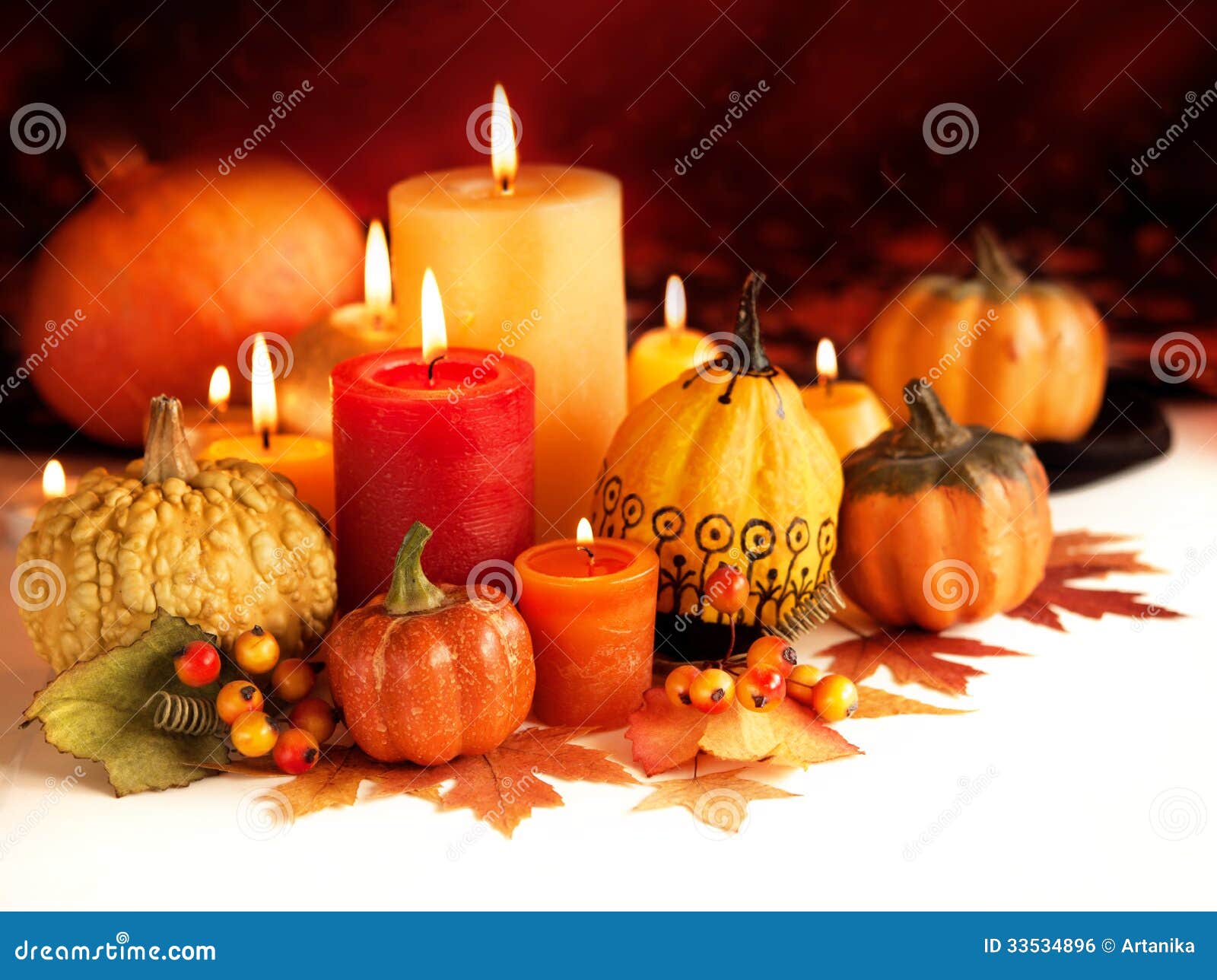 Candle and pumpkins stock photo. Image of bloom, leaves 33534896