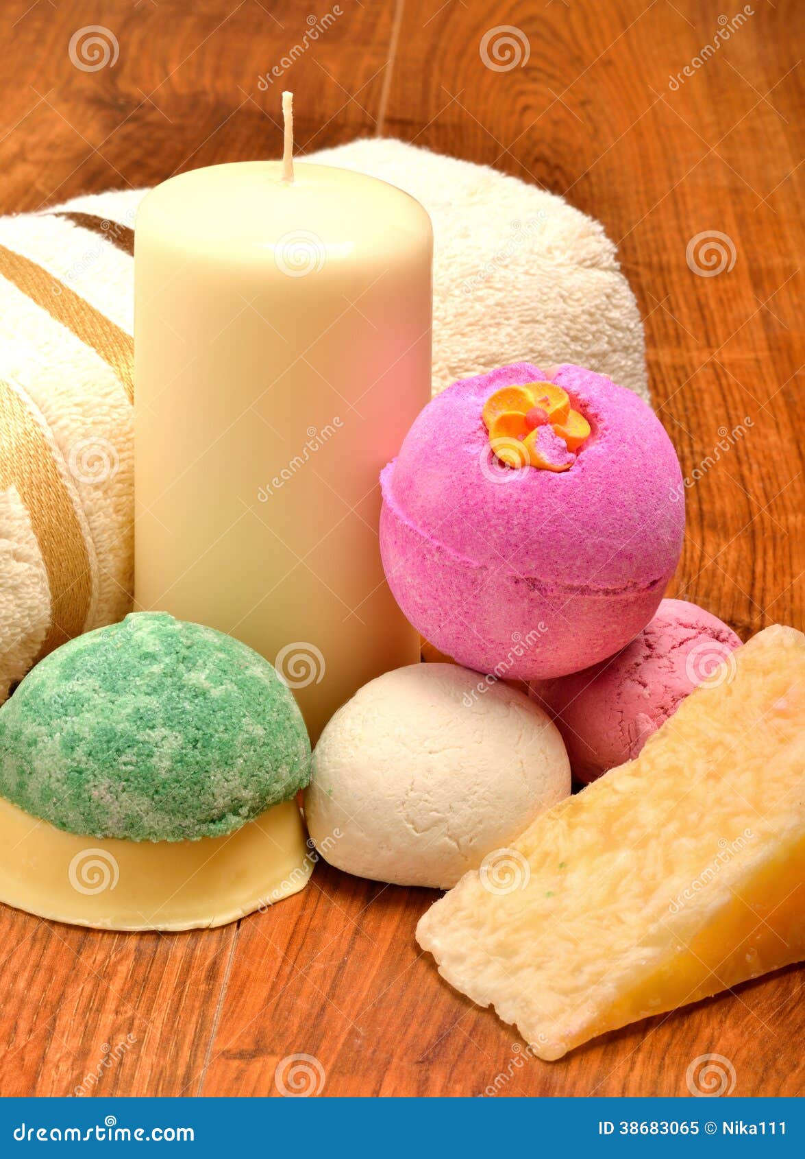 Candle, Soap, Bath Bombs and Bath Towel Stock Image Image of