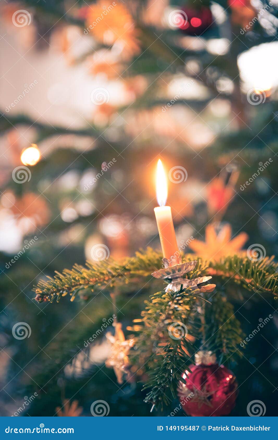 Candle on Traditional Decorated Christmas Tree, Evening Stock Image