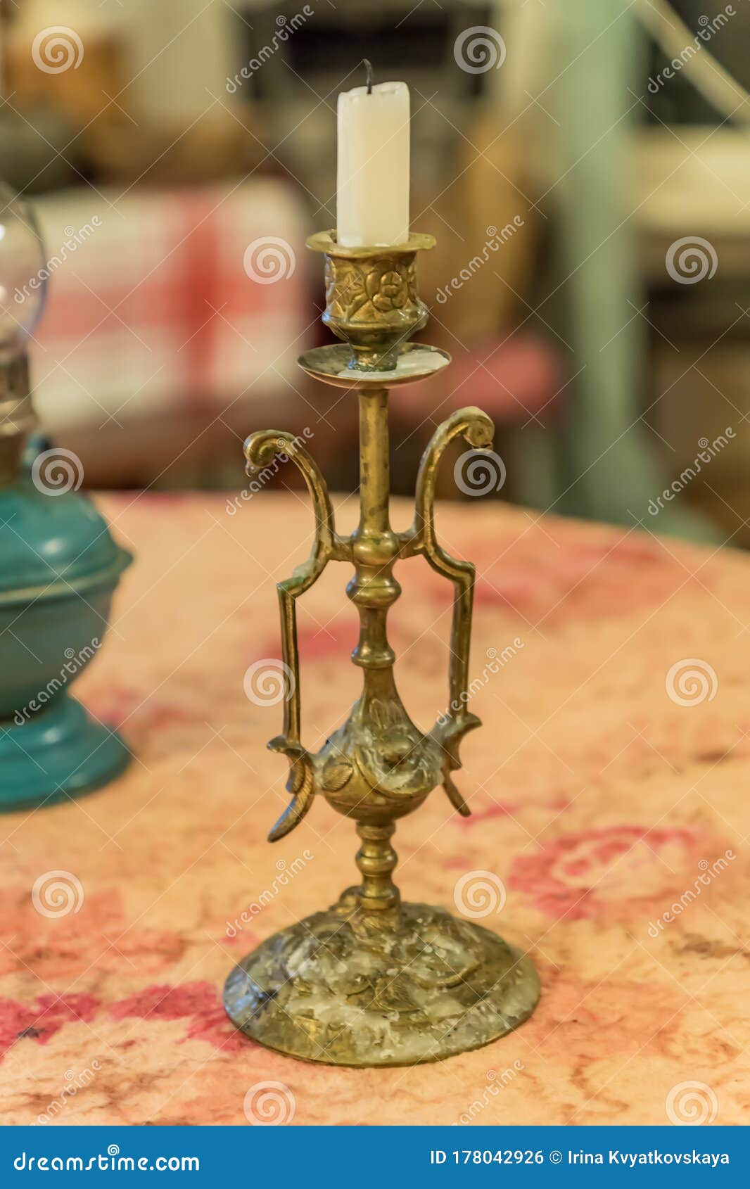 Candle in Vintage Candlestick on the Table Stock Photo Image of shape