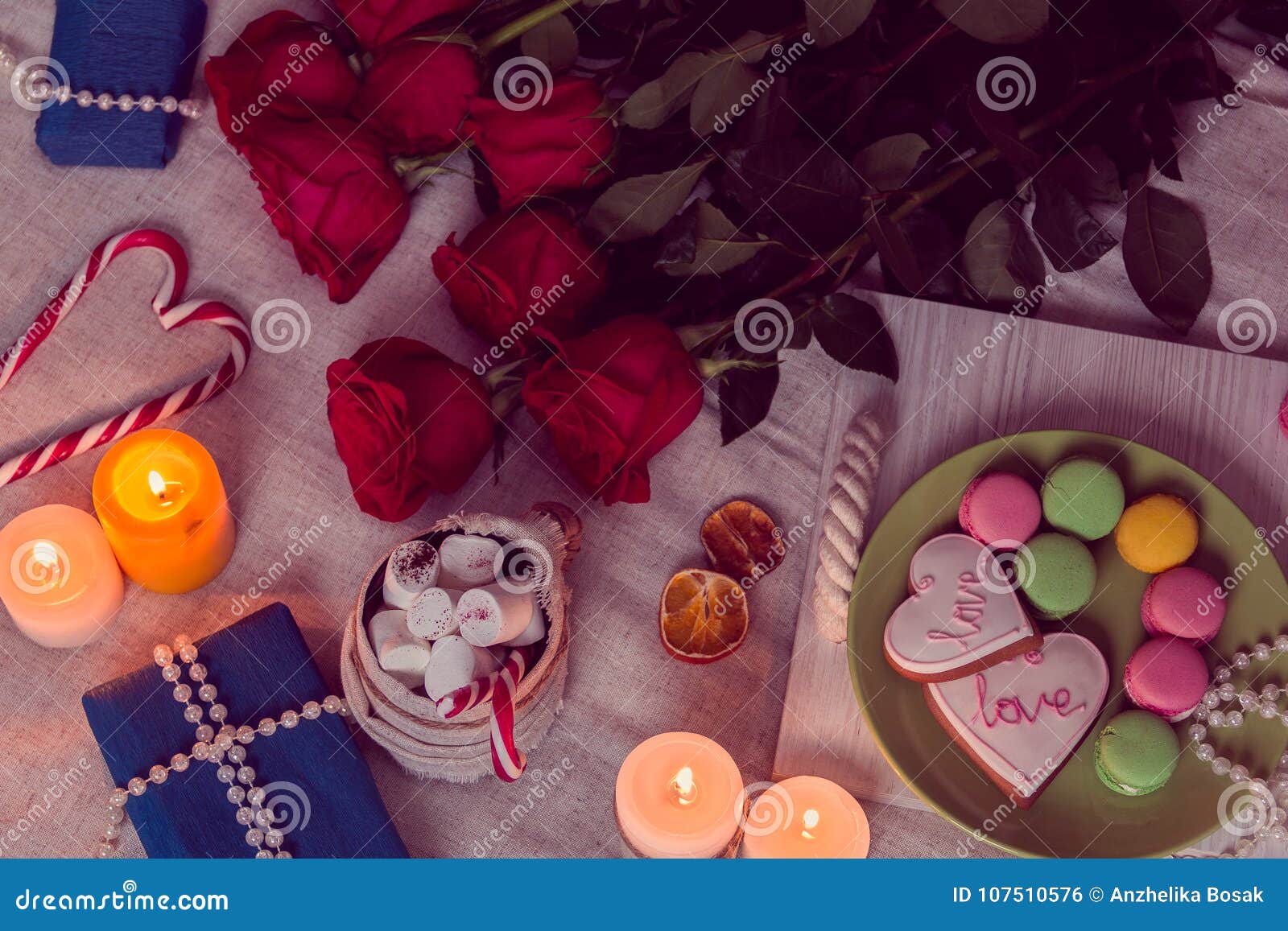 Candlelight Dinner with Red Roses and Gifts Stock Photo Image of gingerbread, handmade 107510576