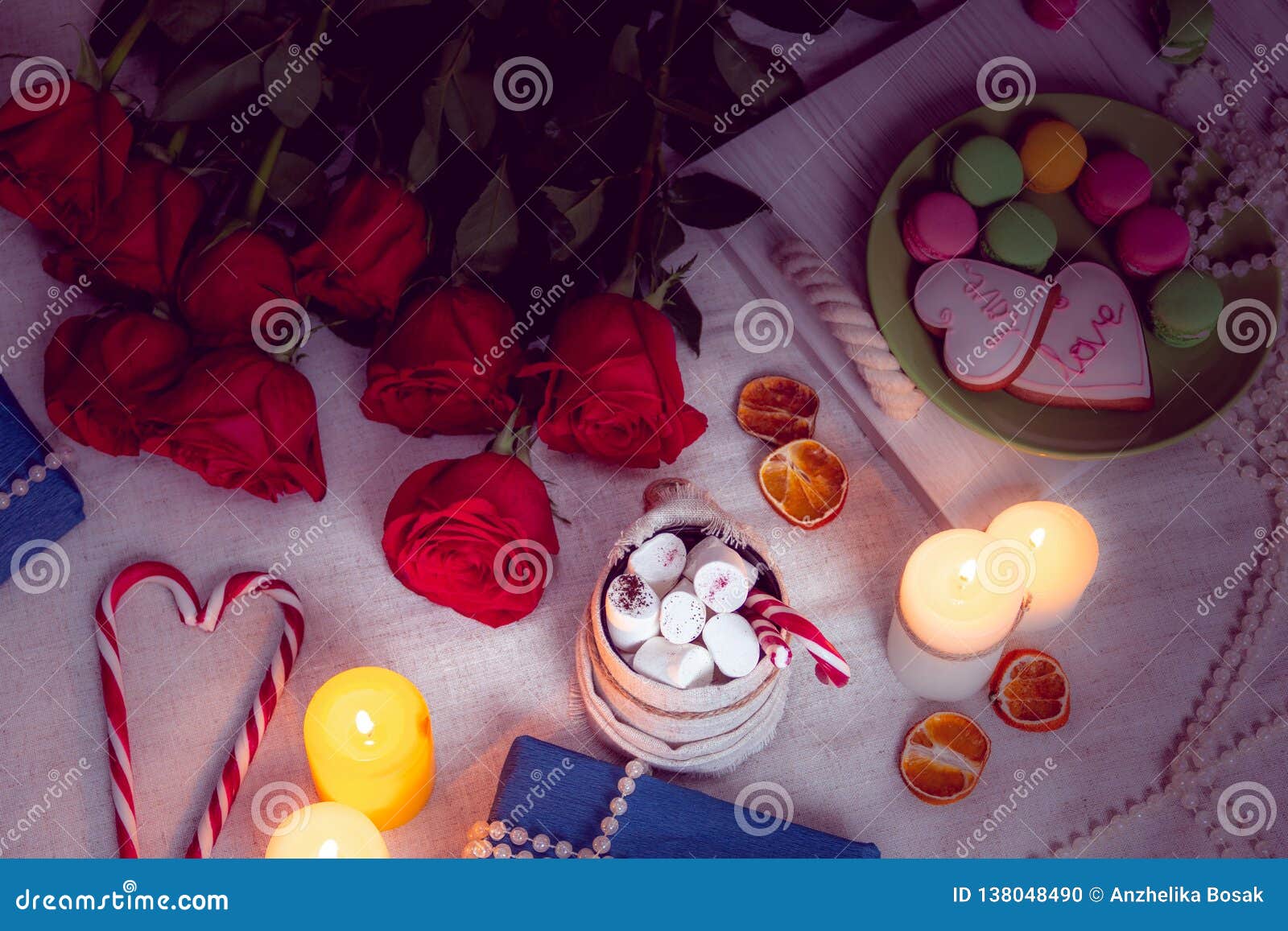 Candlelight Dinner with Red Roses and Gifts Stock Photo Image of cookie, handmade 138048490