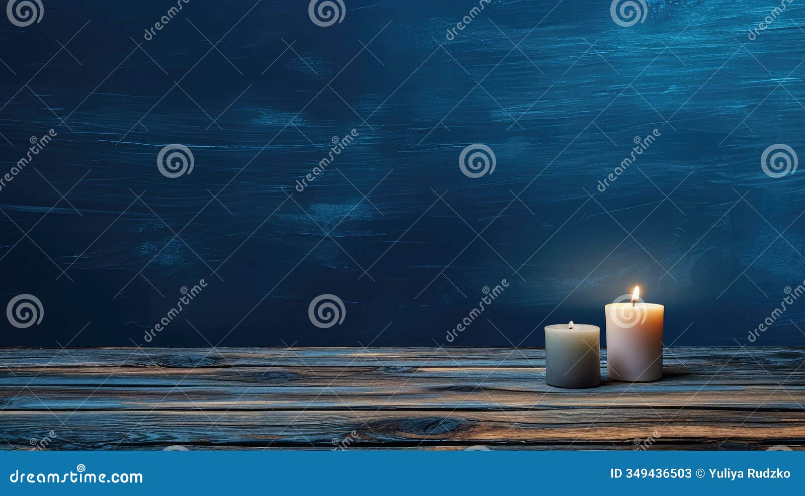 candlelight dinner setting on rustic wooden table against a serene blue backdrop, perfect for romantic and intimate