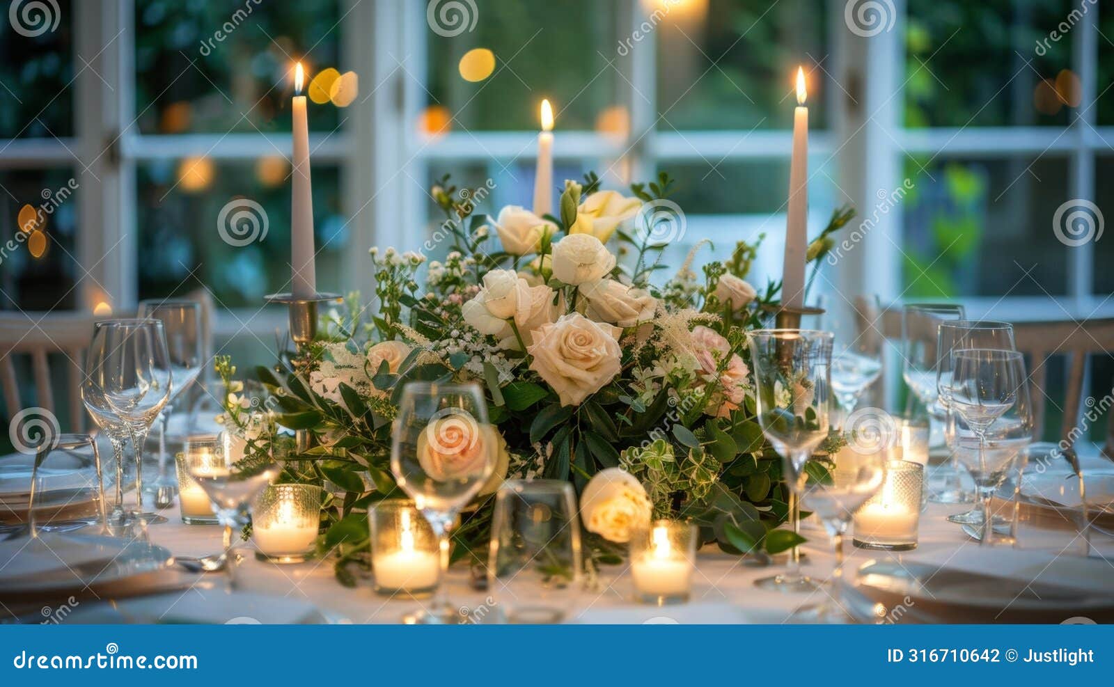 the candlelit centrepiece of fresh flowers and greenery perfectly complements the ethereal lighting creating a beautiful