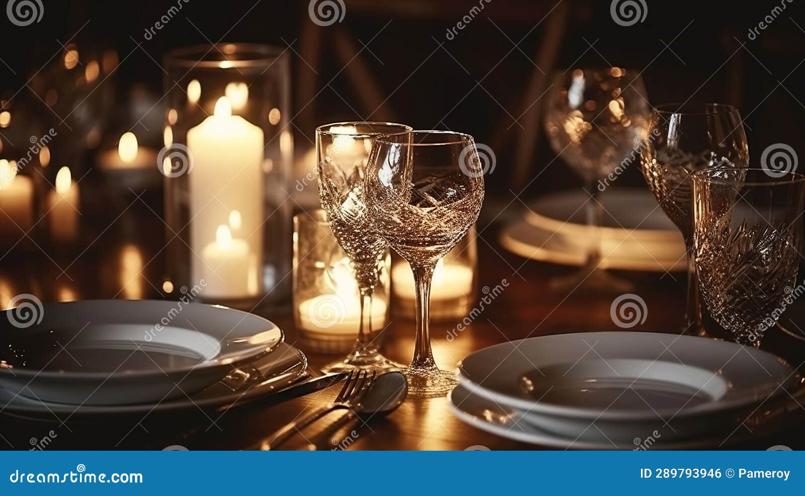 A Candlelit Dining Table Set Up with Wine Glasses and Tableware for an