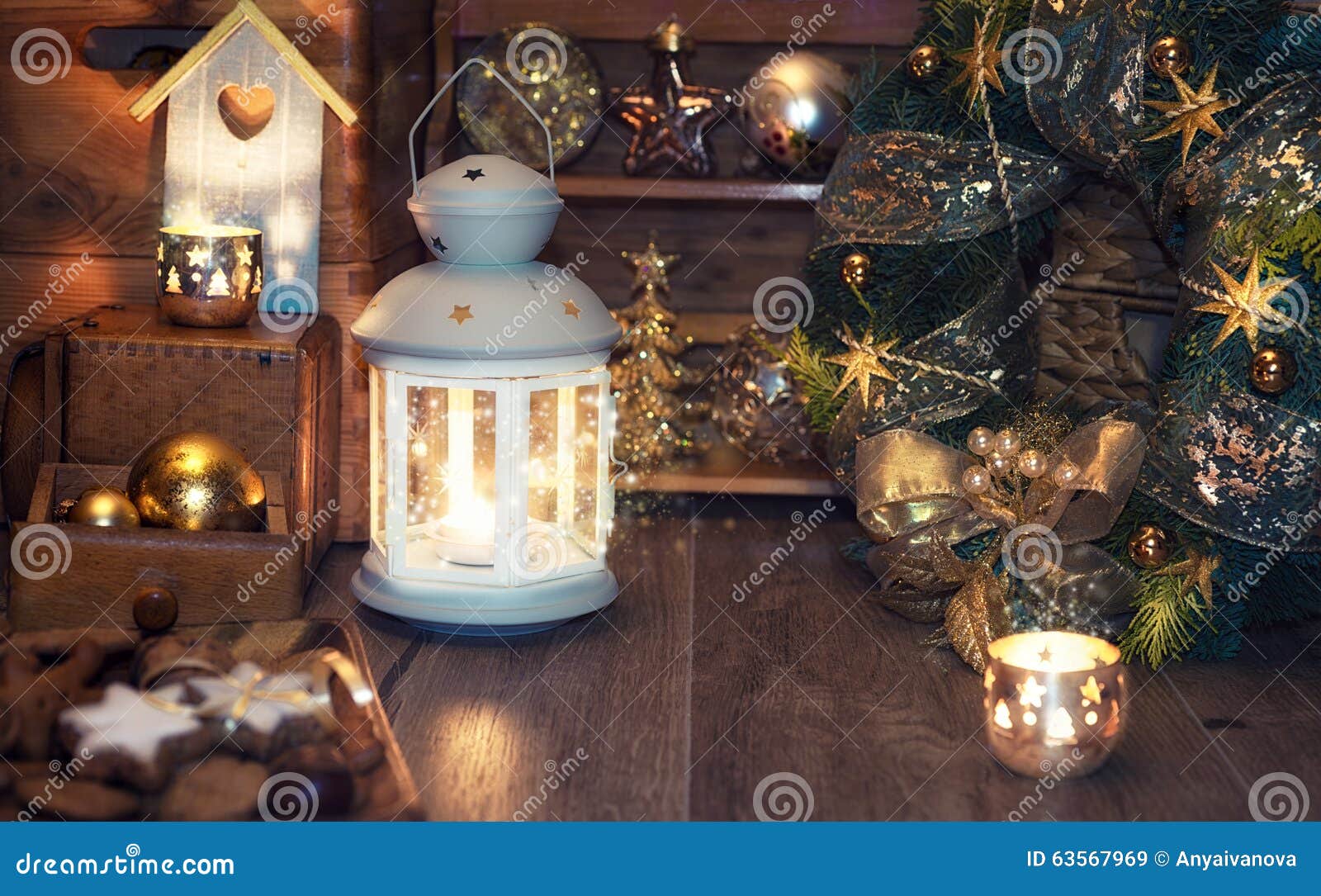 Candles and Christmas Decorations on Vintage Kitchen Stock Image ...