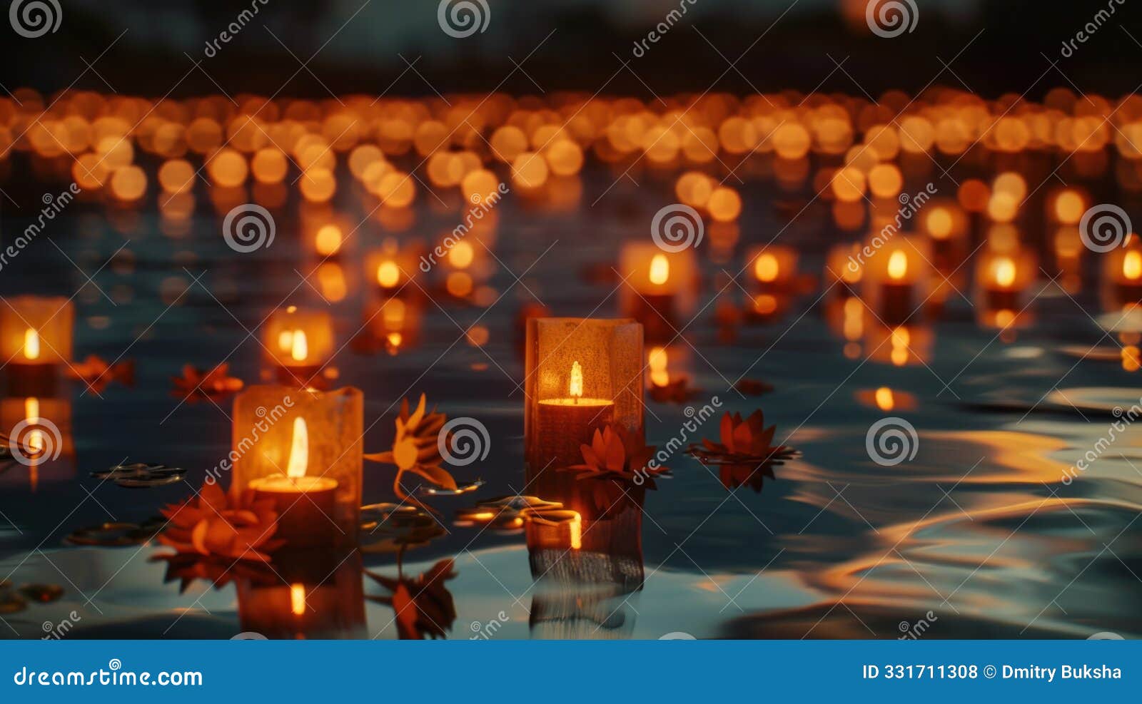 candles float on the water, casting a warm glow on a serene evening