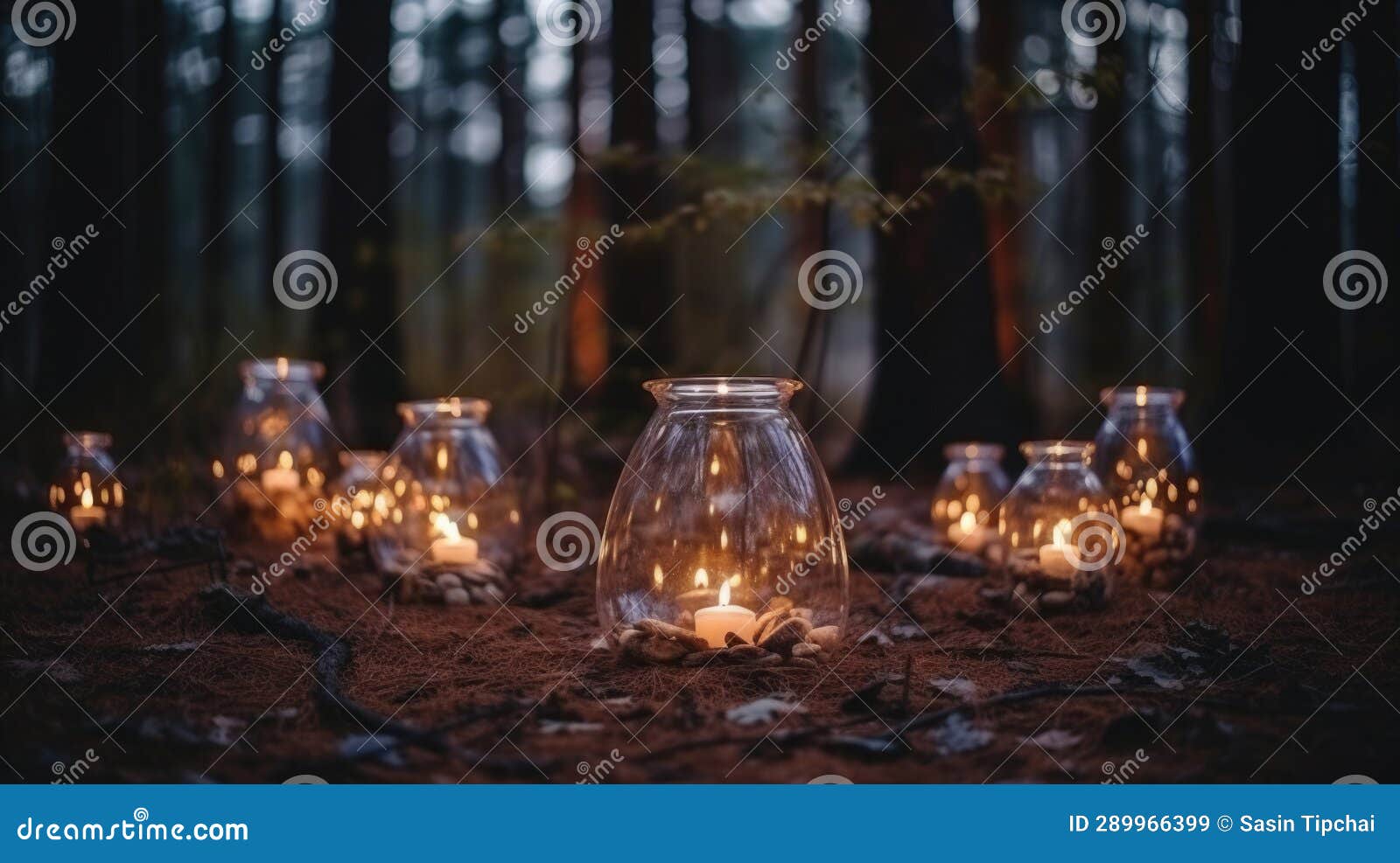 Candles in Glass Flasks in the Forest Stock Illustration Illustration of holiday, flower