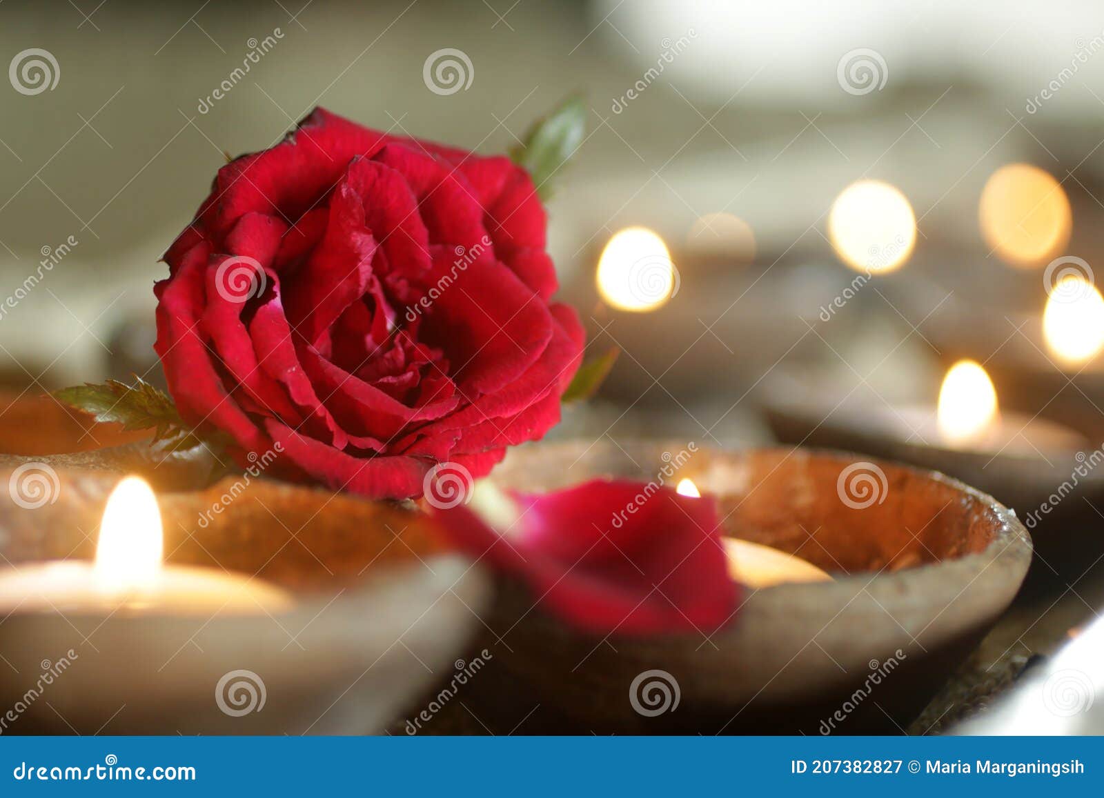 candles light and red rose petals. background of single red rose and candle lights. fragility and hope concept