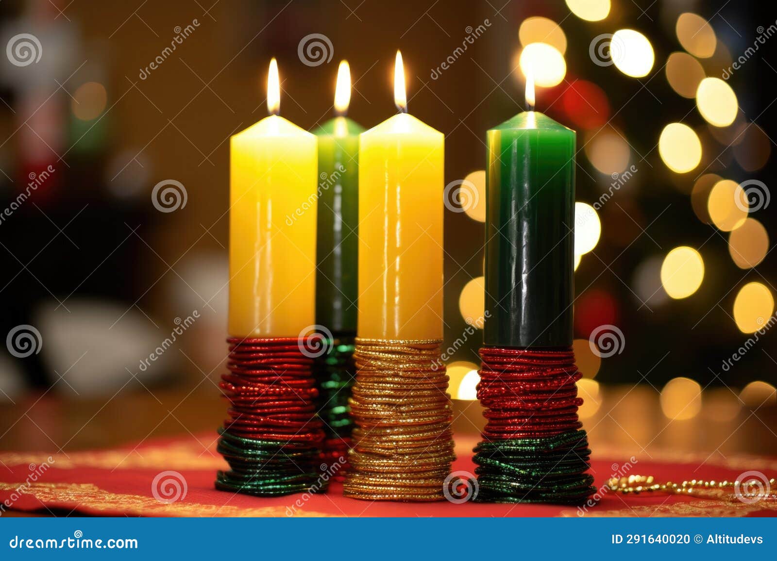 Candles Lit in a Kwanzaa Kinara Centerpiece Stock Photo Image of