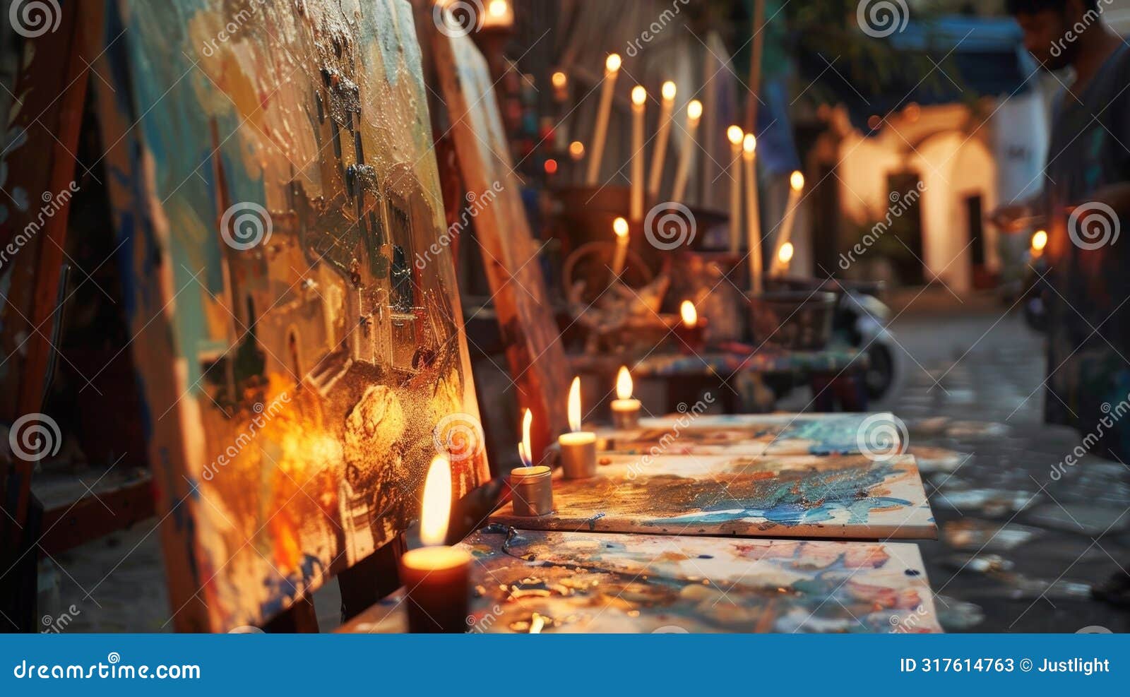 the candles seemed to bring life to the paintings as the artists worked diligently in the courtyard. 2d flat cartoon